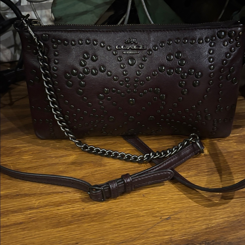 Coach Burgundy Leather Studded Heart Crossbody Bag & Wristlet - Picture 9 of 14